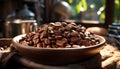 Fresh coffee bean on wooden table, a caffeine addiction generated by AI