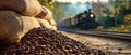 Fresh coffee beans in burlap sacks near freight train in countryside Royalty Free Stock Photo