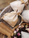Herbal sachets coffee beans and dried rose buds aromatherapy.