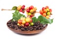 Fresh coffee beans on dry coffee beans in wood Royalty Free Stock Photo