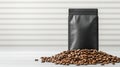 Fresh coffee beans elegantly displayed beside a sleek black packaging bag Royalty Free Stock Photo