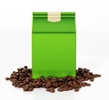 Fresh coffee beans and filter coffee package. 3D illustration