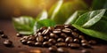 Fresh coffee beans with green leaf on rusty background. Royalty Free Stock Photo