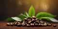 Fresh coffee beans with green leaf on rusty background. Royalty Free Stock Photo