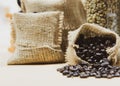 Fresh coffee beans in hemp sack, Roasted coffee beans