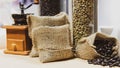 Fresh coffee beans in hemp sack, Roasted coffee beans