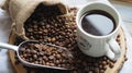 Fresh Coffee Beans in a Sack with Coffee Cup Natural Coffee and Brewing Process Royalty Free Stock Photo