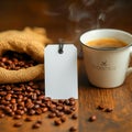 Fresh Coffee Beans Steaming Mug with Blank Note Card Cafe Morning Concept Royalty Free Stock Photo