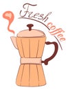 Fresh coffee cute label. Hot coffeepot icon