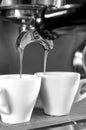 Fresh Coffee From Espresso Machine Dripping Into Cups Grayscale Royalty Free Stock Photo