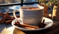 Fresh coffee, hot drink, winter warmth, rustic wood, sweet dessert generated by AI