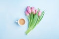 Fresh coffee and pink tulip flowers on pastel background top view. Beautiful spring breakfast on Mothers or Womans day. Flat lay.