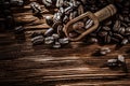 Fresh coffee seeds in scoop on wooden board Royalty Free Stock Photo