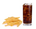 Fresh coke in glass and french fries isolated on a white Royalty Free Stock Photo