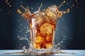 fresh cola drink splashing with ice cubes, generative ai illustration