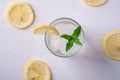 Fresh cold clear water drink in glass with ice cubes, lemon slice and mint leaf close to lemon slices Royalty Free Stock Photo