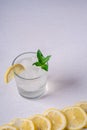 Fresh cold clear water drink in glass with ice cubes, lemon slice and mint leaf close to lemon slices Royalty Free Stock Photo