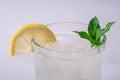 Fresh cold clear water drink in glass with ice cubes, lemon slice and mint leaf, on white gray background, macro Royalty Free Stock Photo