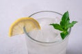 Fresh cold clear water drink in glass with ice cubes, lemon slice and mint leaf, on white gray background, macro Royalty Free Stock Photo