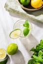 Fresh cold cocktail mojito with lime,mint and ice. Summer concept citrus drink with limes and lemon on light background with Royalty Free Stock Photo