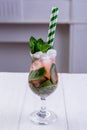 Fresh cold cocktail with syrup, mint and ice cubes in misted glass. Non-alcoholic summer coctails. Vegetarian menu of cafe or