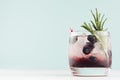 Fresh cold fruit cocktail in elegant glass with ice cubes, blueberry, rosemary, straw on pastel mint color background, white board Royalty Free Stock Photo