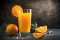 Fresh cold glass of orange juice with ice cubes inside on the table Royalty Free Stock Photo