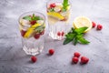 Fresh cold ice water drink with lemon, raspberry fruits and mint leaf in two faceted glass on stone concrete background Royalty Free Stock Photo