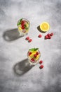 Fresh cold ice water drink with lemon, raspberry fruits and mint leaf in two faceted glass on stone concrete background Royalty Free Stock Photo