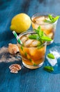 Fresh cold iced tea with mint, ice and lemons, refreshing drink Royalty Free Stock Photo