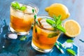 Fresh cold iced tea with mint, ice and lemons, refreshing drink Royalty Free Stock Photo