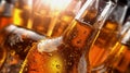 Fresh cold light beer bottles in ice cubes close up. Royalty Free Stock Photo