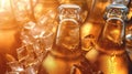 Fresh cold light beer bottles in ice cubes close up. Royalty Free Stock Photo