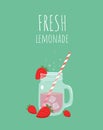 Fresh cold strawberry lemonade with red strawberries around jar and ice cubes