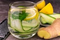 Fresh cold water with lemon, cucumber, ginger, mint and ice in a glass close-up. Sashi slimming water. Royalty Free Stock Photo