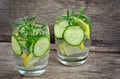 Fresh cold water with lemon, cucumber and rosemary in a glasses Royalty Free Stock Photo