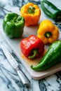 Fresh Colorful Bell Peppers on Cutting Board with Knife on Marble Countertop, Healthy Cooking Ingredients Royalty Free Stock Photo