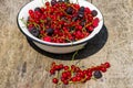 Fresh colorful berries in bowl on rustic wooden table Royalty Free Stock Photo