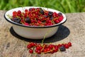 Fresh colorful berries in bowl on rustic wooden table Royalty Free Stock Photo