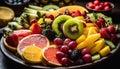 Fresh and colorful fruit salad with kiwi, grape, strawberry, raspberry, and melon generated by AI Royalty Free Stock Photo