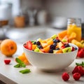 Fresh colorful fruit salad on white plate.