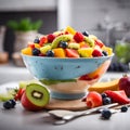 Fresh colorful fruit salad on white plate.