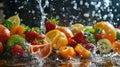 Fresh Colorful Fruits and Vegetables with Water Splash. Royalty Free Stock Photo