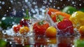 Fresh Colorful Fruits and Vegetables with Water Splash. Royalty Free Stock Photo