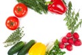 Fresh colorful organic vegetables captured from above top view, flat lay. White background. Layout with free copy space. Royalty Free Stock Photo