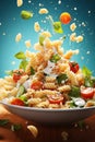 Fresh and colorful pasta salad on wooden table, with a solid blue background. Ingredients fall into the plate, vegetables, herbs,