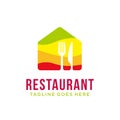 Fresh colorful restaurant logo design template. vector illustration of fork and knife icon on home, house icon. cooking, Cafe, bar