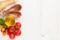 Fresh colorful tomatoes, basil and olive oil Royalty Free Stock Photo