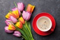 Fresh colorful tulip flowers and coffee Royalty Free Stock Photo