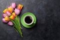 Fresh colorful tulip flowers and coffee Royalty Free Stock Photo